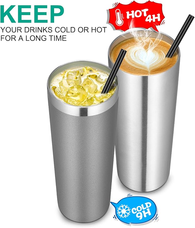 VEGOND Stainless Steel Tumblers Bulk 6 Pack, 20 oz Vacuum Insulated Skinny Tumblers with Lid and Straw, Double Wall Coffee Mug, Travel Water Cup