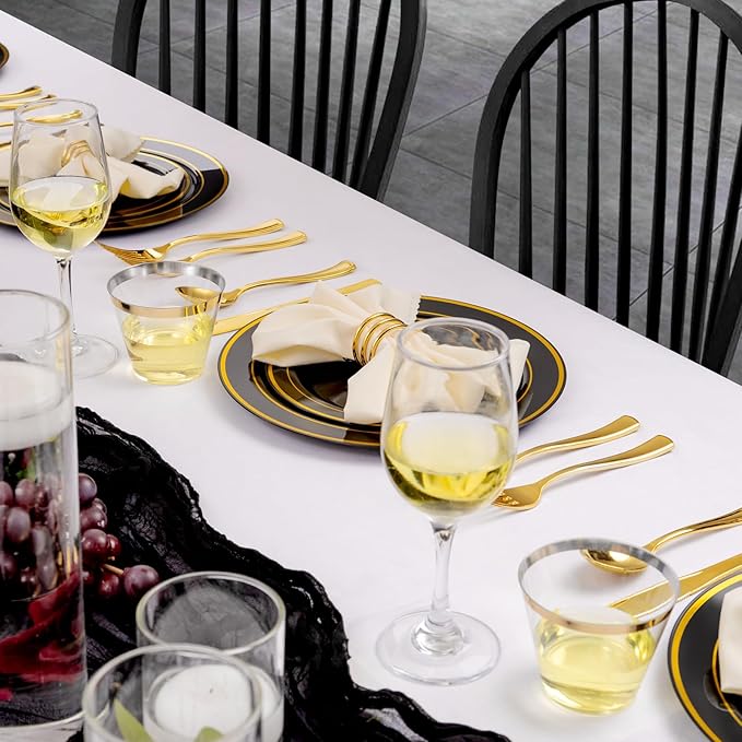 bUCLA 300PCS Black and Gold Disposable Dinnerware Set - 50 Guests Black Plastic Plates with Gold Rim Include 50 Dinner / 50 Dessert Plates, 50 Forks,50 Knives,50 Spoons&50 Cups for Party&Halloween