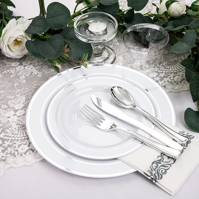 bUCLA 350PCS Silver Plastic Dinnerware Set for 50 Guests - Silver Plates Disposable Include 50 Dinner & 50 Dessert Plates,50 Forks,50 Knives,50 Spoons,50 Cups,50 Napkins for Party & Christmas