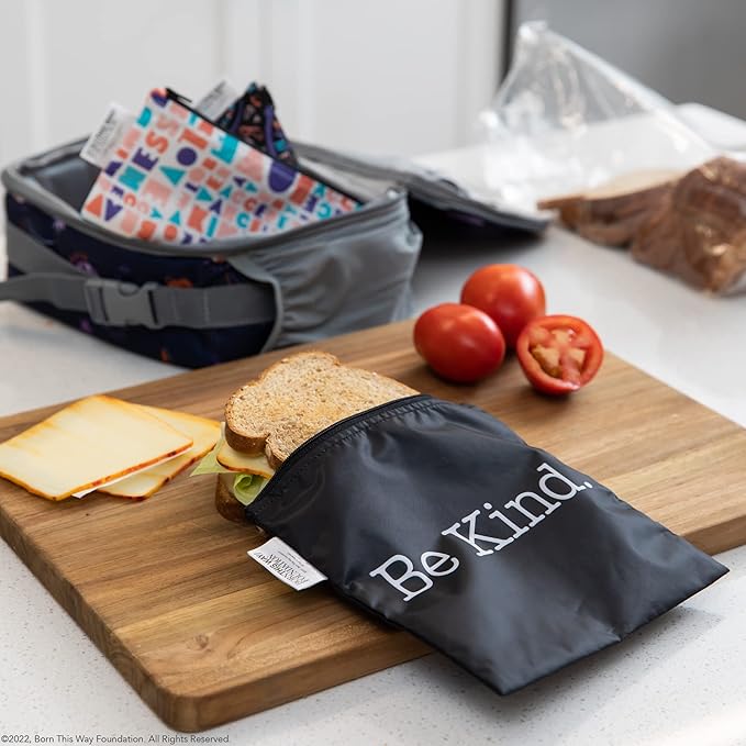 Bumkins Reusable Sandwich and Snack Bags, for Kids School Lunch and for Adults Portion, Washable Fabric, Waterproof Cloth Zip Bag, Travel Pouch, Food-Safe Storage, Large 2-pk Born This Way Be Kind