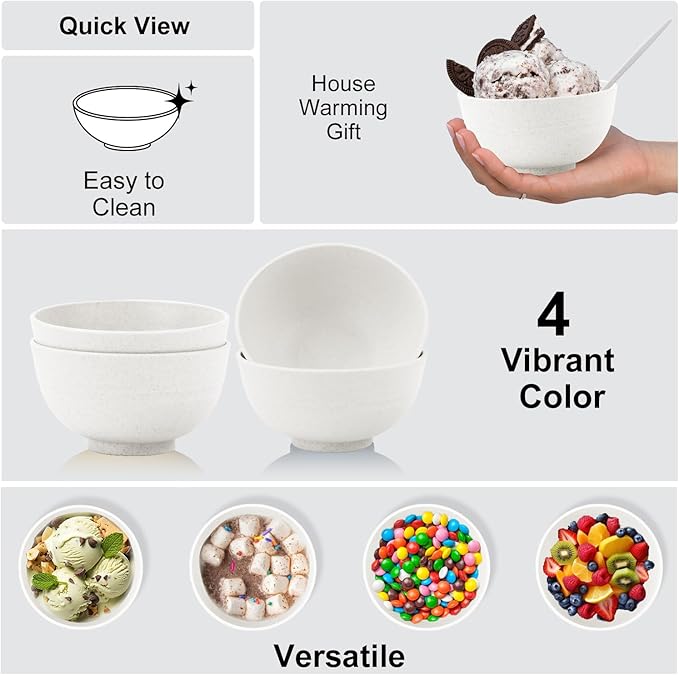 Wrova Wheat Straw Snack Bowls 10oz Set of 8 - Unbreakable Dessert Bowl for Kids - Small White Bowls for Ice Cream,Snack and Fruits - Microwave & Dishwasher Safe Mini Appetizer Bowl Sets - White