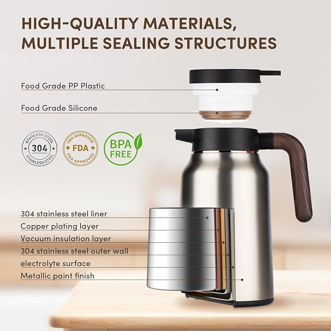 Vondior Coffee Carafe 51oz - 36 Hours Coffee Thermal- Insulated 304 Stainless Steel Hot Beverage Dispenser - Coffee Carafes For Keeping Hot/Cold Coffee, Tea, Water, Drink Dispenser for Parties