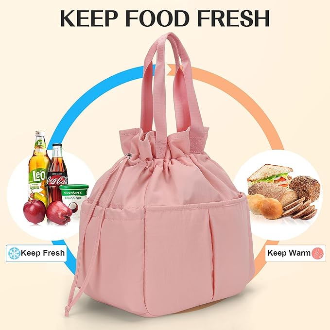 VS VOGSHOW Lunch Bag Women Cute Insulated Drawstring Lunch Bag 16 Cans Large Capacity Lunch Box for Work, Picnic, Outdoor (Pink)