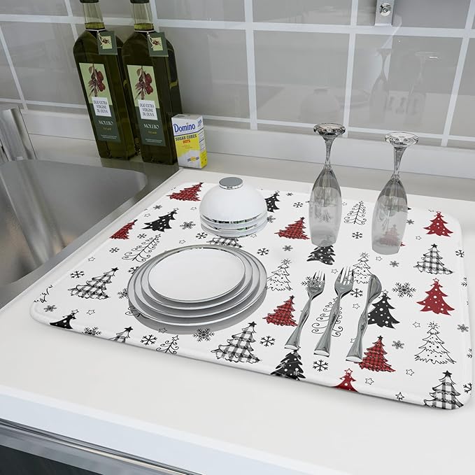 Xmas Dish Drying Mat for Kitchen Counter Black White Trees Festival Microfiber Absorbent Dish Draining Reusable Washable Foldable Extra Large 18"x24"