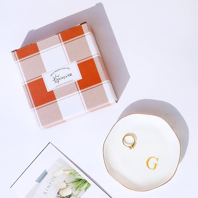 Ceramic Jewelry Tray Initial Ring Dish Personalized G-Monogrammed Engagement Wedding Gifts, for Birthday Mother's Day Christmas for Women, Ceramic White 4.75" (G)