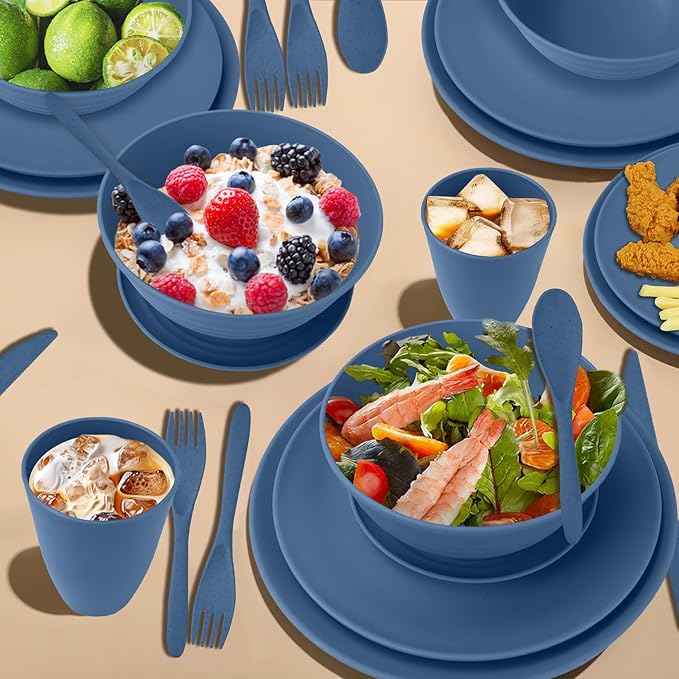 Wrova 64-Piece Service for 8 Dinnerware Set - Unbreakable Wheat Straw Dinnerware sets of 64 - Dinner plates/Snack plates/Cereal bowls/Drinking Cups/Cutlery for Outdoor camping and indoors.Blue