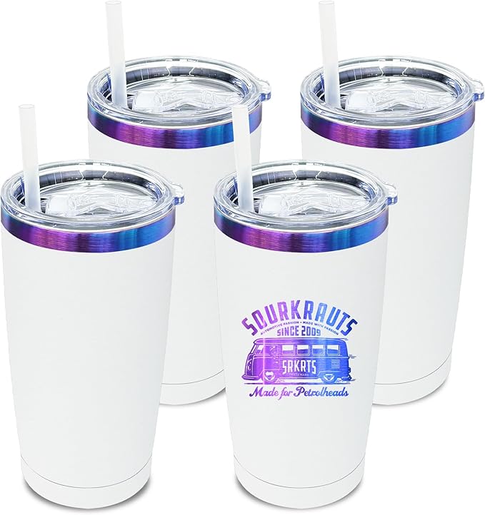 20 oz Tumbler Bulk 4 Pack Stainless Steel Tumblers with Lids and Straws, Double Wall Vacuum Insulated Travel Coffee Mug for Laser Engrave, Powder Coated Cups for Hot and Cold Drinks (White,4 pack)