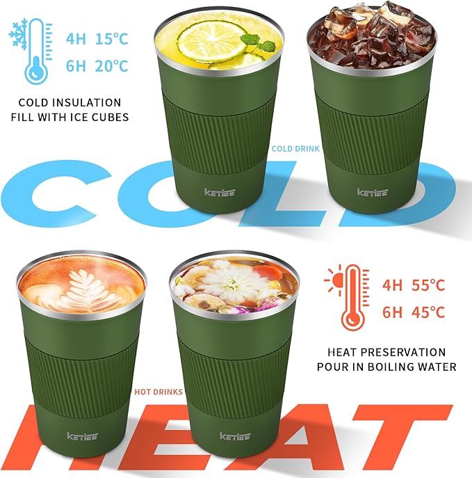 KETIEE Travel Coffee Mug 12oz: Vacuum Insulated Coffee Cup with Leakproof Lid, Coffee Tumbler, Reusable Coffee Cups, Double Wall Stainless Steel Coffee Mug to Go for Hot/Ice Coffee Tea (Army Green)