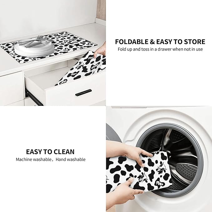 Black White Dish Drying Mat for Kitchen Counter 18"x24" Cow Print Dishes Pad Dish Drainer Rack Mats Microfiber Washable Absorbent Kitchen Decor