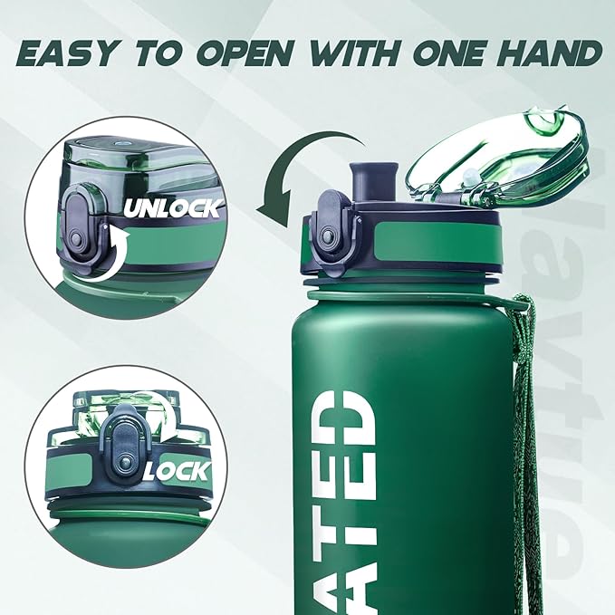 Water Bottle, 32 oz Sports Water Bottles with Time Marker Wide Mouth, Motivational and Leakproof Drink Bottle, BPA Free Tritan with Carry Strap for Gym Fitness Outdoor(Direct Drink 1 Bottle)