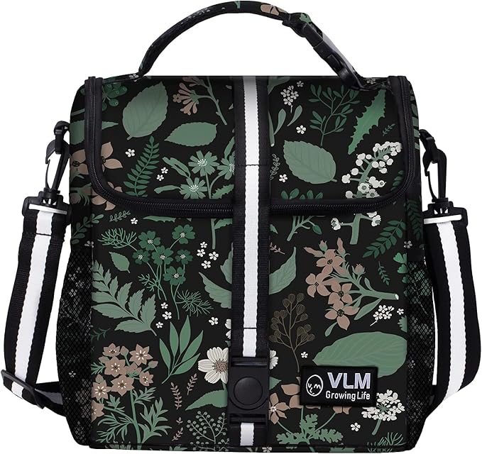 VLM Lunch Box for Women, Insulated Lunch Bag Women with Adjustable Shoulder Strap, Cute Lunch Tote Bag for Work,Picnic,Camping (Green Floral, Small)