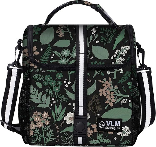 VLM Lunch Box for Women, Insulated Lunch Bag Women with Adjustable Shoulder Strap, Cute Lunch Tote Bag for Work,Picnic,Camping (Green Floral, Small)