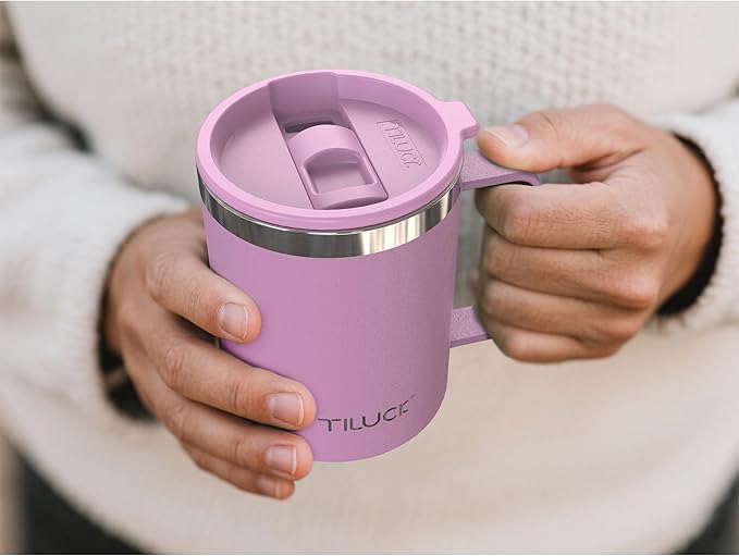 TILUCK 12 oz Insulated Coffee Mug with Lid, Leak-Proof Stainless Steel Travel Mug Cup with Handle for Hot or Cold Drinks(Lilac, 12oz)