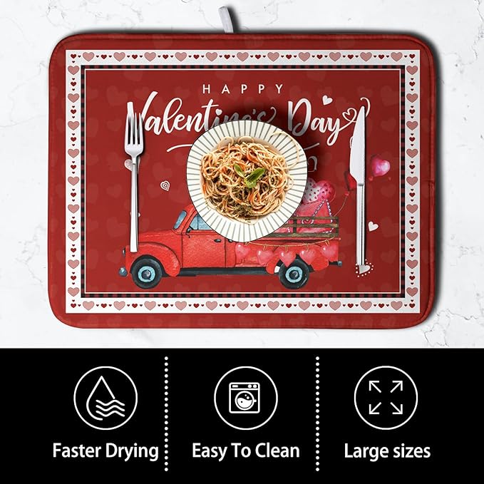 Valentine Red Truck Love Heart Dish Drying Mat 16x18 Inch Happy Valentine's Day Drying Mat for Kitchen Counter Microfiber Dish Drainer Mats Absorbent Dish Rack Pad for Home Coffee Bar Sinks
