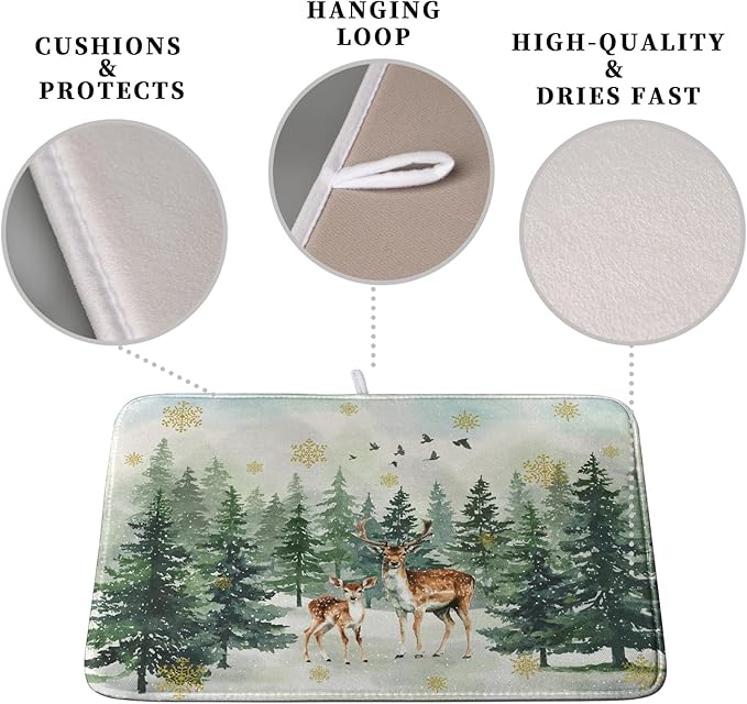 Reindeer Tree Snowflakes Christmas Dish Drying Mats for Kitchen Counter 16x18 Inch Winter Forest Dish Drainer Mats Absorbent Reversible Dish Draining Microfiber Dishes Drying Pad