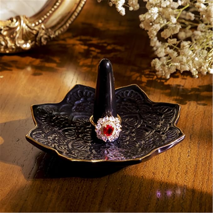 Ceramic Mandala Ring Holder, Decorative Jewelry Dish, Trinket Tray Room Decor, Engagement Wedding Birthday Gifts for Women (Black)
