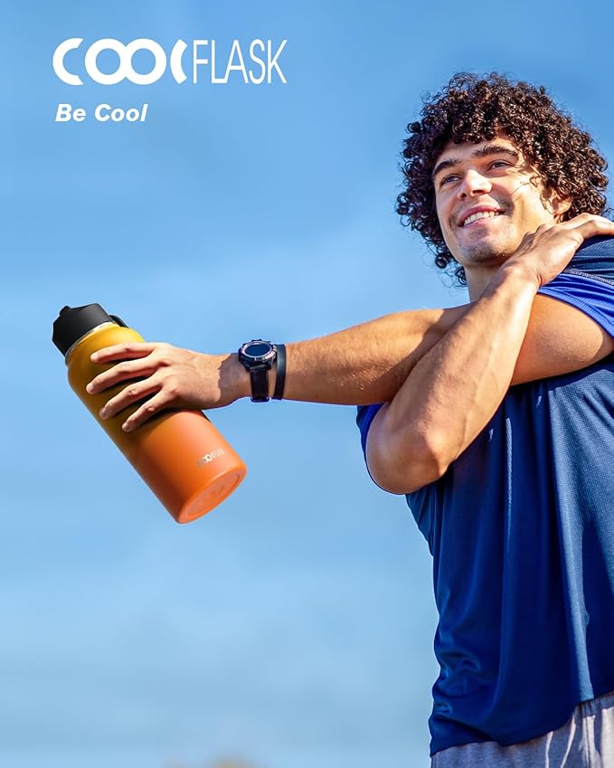 Water Bottle 32 oz Insulated with Straw, Coolflask Stainless Steel Metal 3 Lids Water Flask Wide Mouth for Sports or Office, Non-BPA Keep Cold Up to 48 Hrs or Hot Up to 24 Hrs, Ombre Yellow/Orange