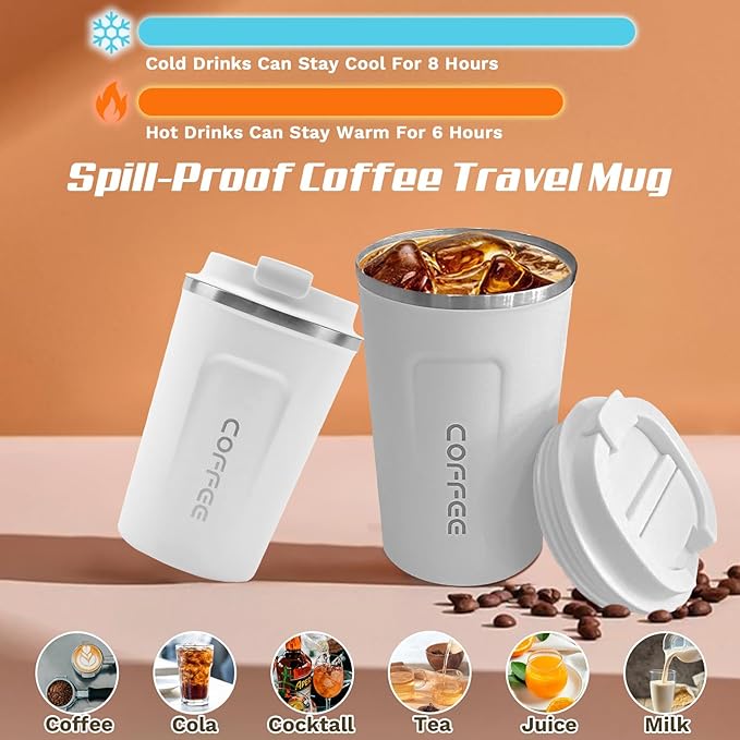 Travel coffee mugs leak-proof, reusable coffee cups with lids, stainless steel vacuum thermos coffee tumblers,thermal insulation cups for men and women hot & cold drinks(2nd-White, 17OZ)