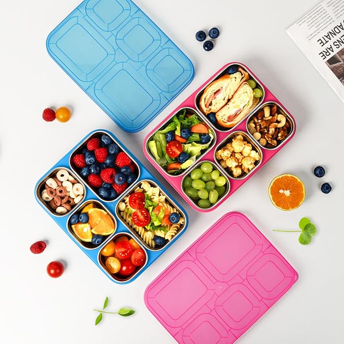 Stainless Steel Snack Containers - 2 Pack, BPA-Free Lunch Bento Box with 5 Compartment, Reusable Food Storage Snackle Box for School, Work, and Travel, Dishwasher Safe (Pink/Blue)