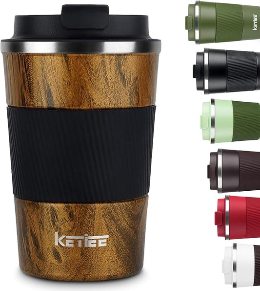 KETIEE Travel Mug, 12oz Insulated Coffee Cup with Leakproof Lid, Vacuum Stainless Steel Double-Wall Travel Coffee Mug Spill Proof, Reusable Tumbler for Men and Women for Hot & Cold Drinks