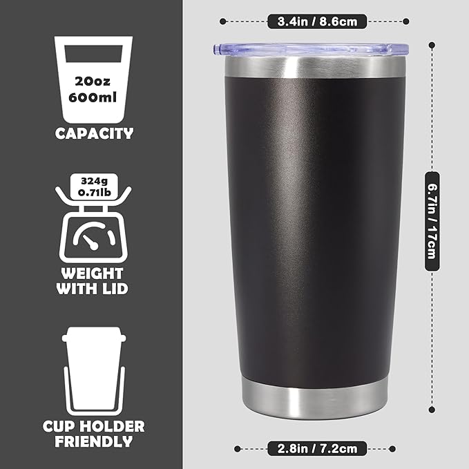 20oz Tumbler Bulk Stainless Steel Tumbler Cup with Lid Vacuum Insulated Double Wall Travel Mug, Durable Powder Coated Travel Coffee Tumbler Mug for Hot & Cold Drinks, Black,12 Pack