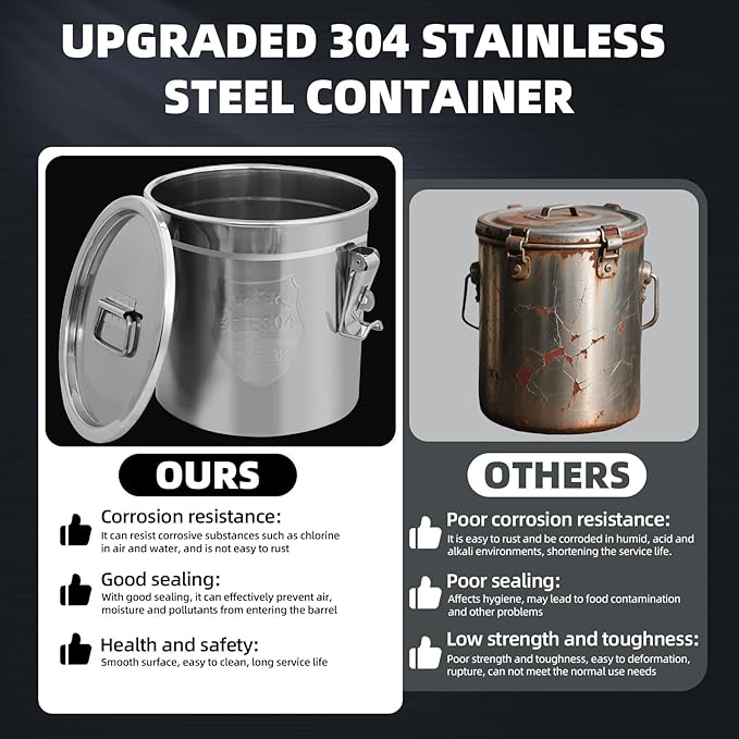 6L/1.6 Gal 304 Stainless Steel Containers with Lids 202 Oz Stainless Food Containers with Lids and Lock Hole Airtight Container for Kitchen Stainless Steel Bucket 304 stainless container