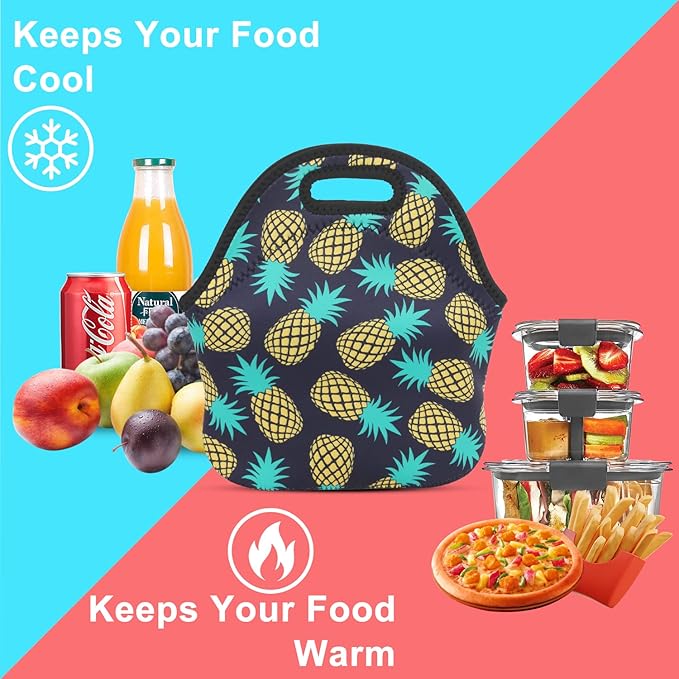 Violet Mist Womens Reusable Neoprene Lunch Bag Cute Insulated Lunch Box Pineapple Fruits Print Thermal lunch bags Bag Waterproof Food Handbags Meal Prep Lunchbags Travel Work Gift for Women Men Adult
