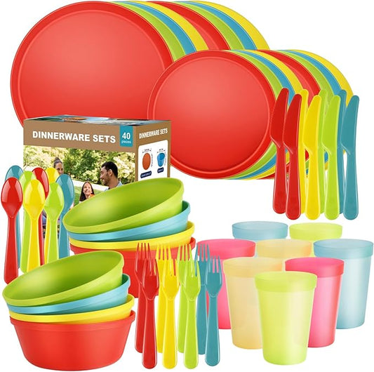 40 Piece RV and Camping Dinnerware Set, Microwave Safe Plates and Bowls Set for 8 with Cutlery, Lightweight & Unbreakable, The Perfect Melamine Alternative Tropical