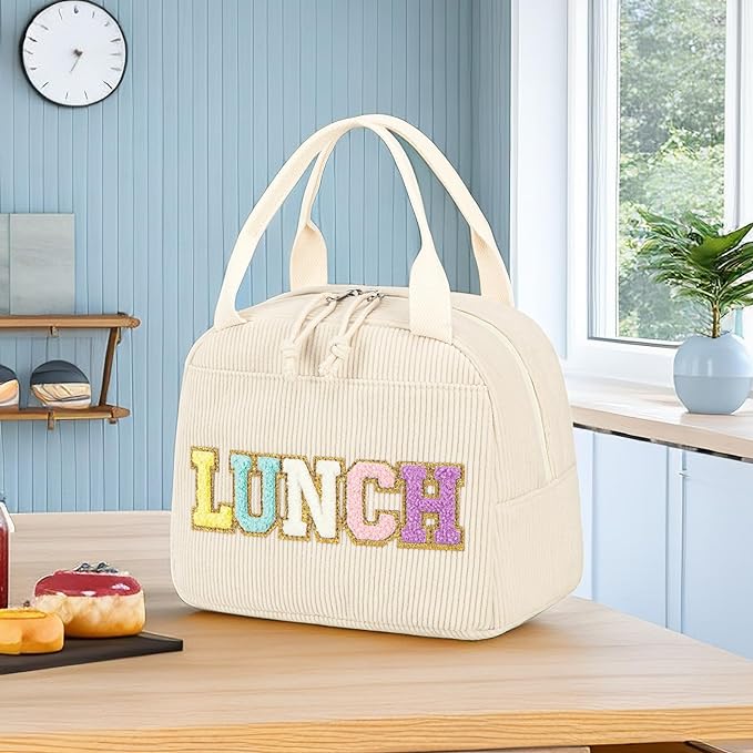 Bluboon Lunch Bag for Women Men Cute Corduroy Lunch Tote Bags Reusable Insulated Lunch Box Large Capacity Reusable Insulated Cooler for Work Picnic or Travel (Corduroy beige+lunch)