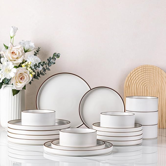 LERATIO Ceramic Dinnerware Sets for 6, High Edge Stoneware Plates and Bowls Set, Chip and Crack Resistant | Oven & Dishwasher & Microwave Safe Dishes Set, Service for 6 -Vanilla White