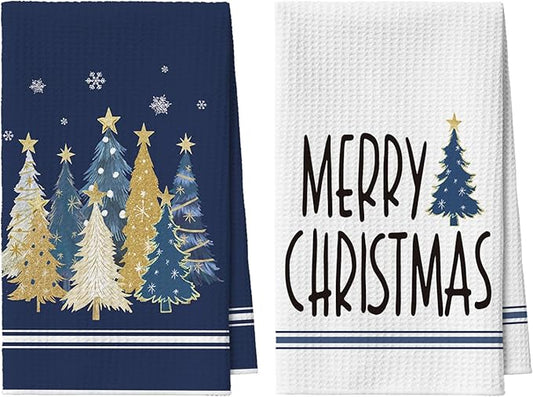 Artoid Mode Blue Star Xmas Tree Merry Christmas Bar Kitchen Towels, 12x24 Inch Quick Dry Microfiber Cloth Dish Towels for Kitchen Drying Set of 2