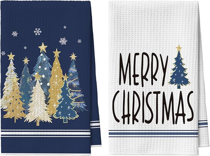 Artoid Mode Blue Star Xmas Tree Merry Christmas Kitchen Towels, 18x26 Inch Quick Dry Microfiber Cloth Dish Towels for Kitchen Drying Set of 2