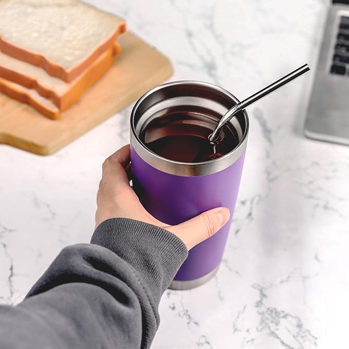 COMOOO 20oz Stainless Steel Tumbler with Lid and Straw, Double Wall Vacuum Insulated Travel Mug, Durable Powder Coated Insulated Coffee Cup for Cold & Hot Drinks Purple, 6 Pack