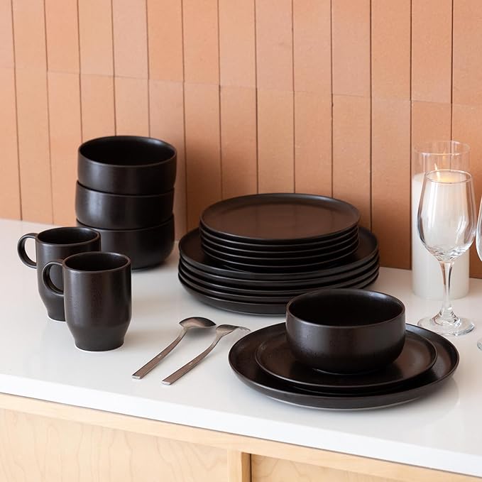 Stoneware Plates and Bowls Set - 12pcs Reactive Glazed Dinnerware Service for 4, Scratch & Chip Resistant(Ink Spot Brown)