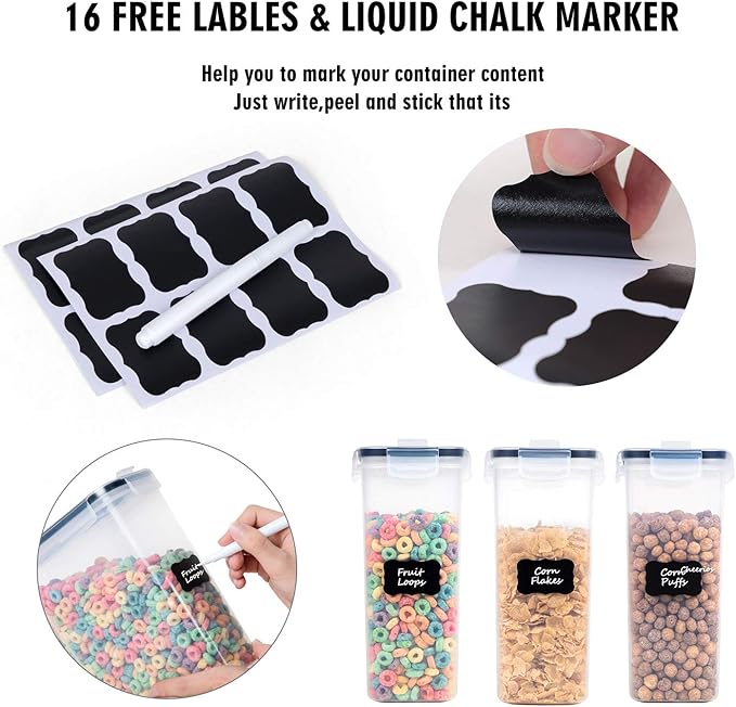 Cereal Containers Storage Set - 3 Piece Airtight Large Dry Cereal Container (135.2oz), BPA Free Dispenser Plastic Cereal Storage Containers with 16 Labels & Pen