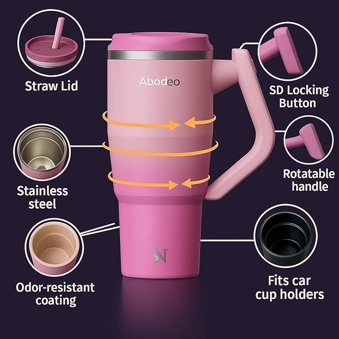 40 oz Tumbler with Straw and Leakproof Lid | Insulated Stainless Steel Tumbler | Travel Coffee Mug with Rotatable Handle | Fits Most Car Cup Holders (Dark & Light Pink)