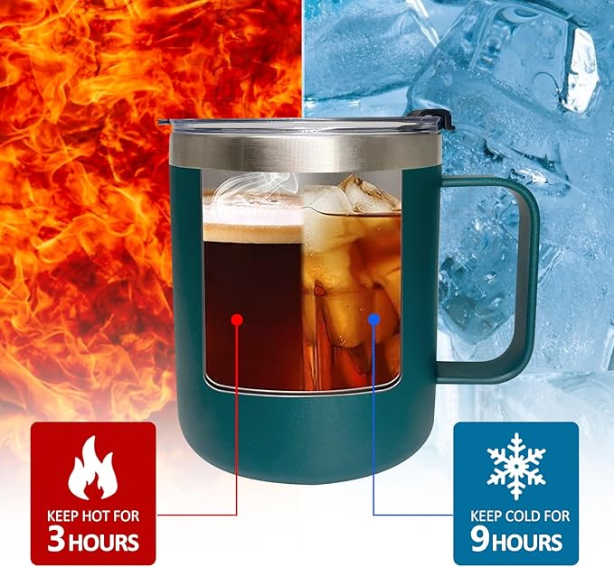 1pack 12oz Coffee Mug With Handle Bulk, Stainless Steel Insulated Travel Tumblers With,Double Wall Vacuum Camping Cup for Hot & Cold Drinks Tea (green)