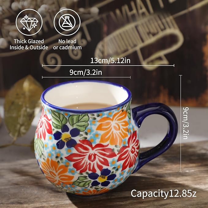 ALMA 2025 Updated Ceramic Coffee Mug 12oz/380ml,Floral Belly Mug for Women,Tea Cup For Mother,Microwave Oven Safe(Thriving Floral,Medium)