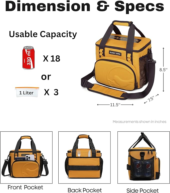 SUNNY BIRD 12L Large Insulated Lunch Bag, Leakproof and Foldable Lunch Cooler Box for Women Adult and Men, Fits 18 Cans (Ochre 01)