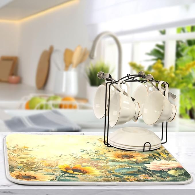 Vintage Floral Sunflowers Dish Drying Mat for Kitchen Counter Super Absorbent Dishes Pad Reversible Microfiber Protector Dish Draining Mats 16x18 inch