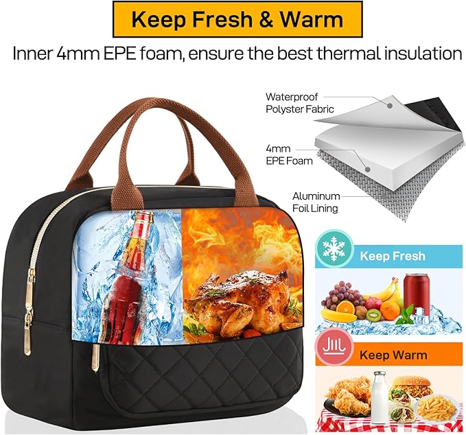 Buringer HOMESPON Lunch Bag for Woman Man Adults with Front Pocket Insulated Lunch Tote Lunch Box Container for Work Picnic or Travel（Golden Black）
