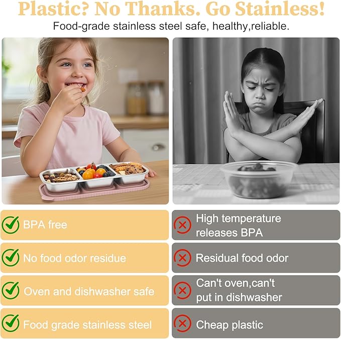 ﻿ 3 Compartment Stainless Steel Snack Containers with Silicone Lids, Reusable Food Storage Containers ，snackle box container for School ，Travel, Outdoor, Camping.