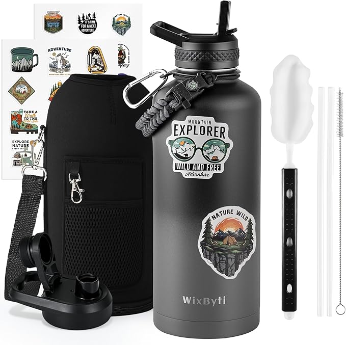 87 oz Insulated Water Bottle with Straw (Cold for 48 Hrs), Half Gallon Stainless Steel Triple Wall Vacuum Sports Water Jug, Leakproof Hydro Cup Flask with Straw Spout Lids & DIY Stickers