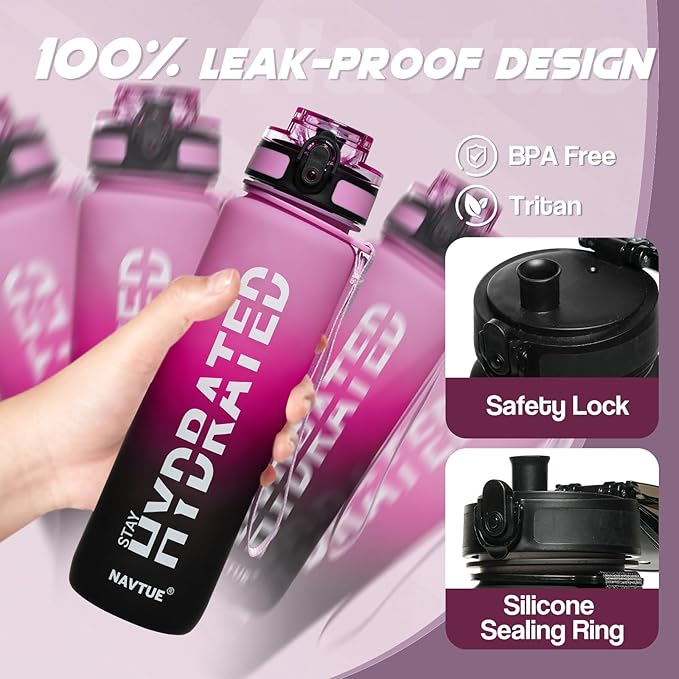 Water Bottle, 32oz Sports Water Bottles with Time Marker Wide Mouth, Motivational and Leakproof Drink Bottle, BPA Free Tritan with Carry Strap for Gym Fitness Outdoor (Direct Drink 1 Bottle)