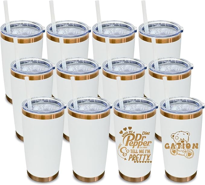 20 oz Tumbler Bulk 12 Pack Stainless Steel Tumbler with Lid and Straw, Double Wall Vacuum Insulated Travel Coffee Mug for Laser Engrave, Powder Coated Cup for Hot and Cold Drinks (White,12 pack)