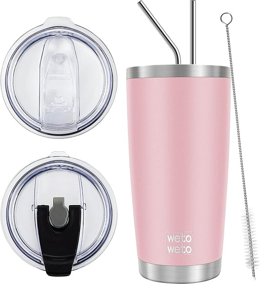 WETOWETO 20oz Tumbler with 2 lids and 2 straws, Stainless Steel Vacuum Insulated Water Coffee Tumbler Cup, Double Wall Powder Coated Spill-Proof Travel Mug Thermal Cup (Ice Pink, 1 Pack)