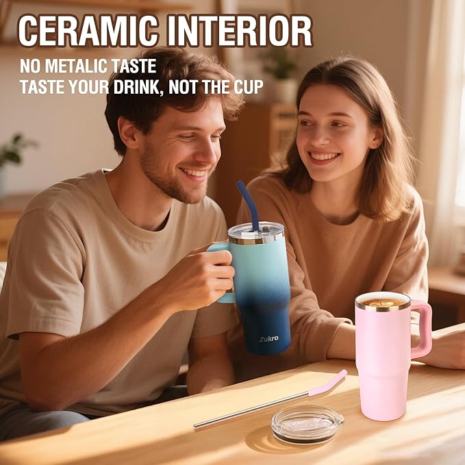 Zukro 24 oz Ceramic Lined Insulated Tumbler with Handle and Straw, No Metal Taste or Smell, Travel Coffee Mug with Spillproof Lids, No Sweat Stainless Steel Cup, Dishwasher Safe, Teal