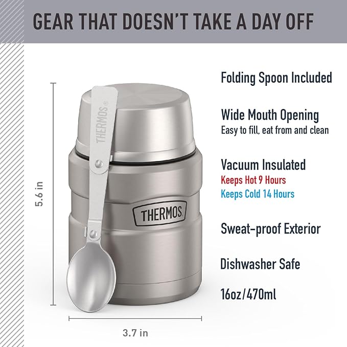 THERMOS Stainless King Vacuum-Insulated Food Jar with Spoon, 16 Ounce, Matte Stainless Steel