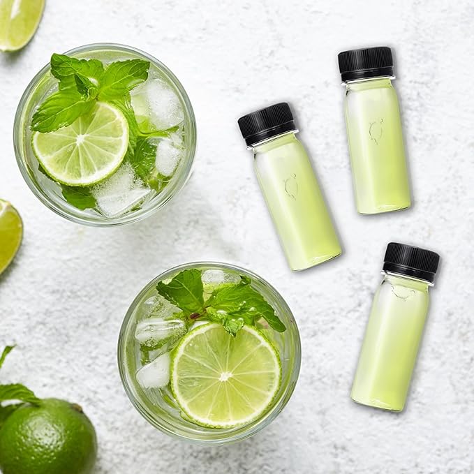 60 Pcs 2 Oz Small Plastic Bottles for Liquids,Ginger Shots Bottle with Cap,Mini Travel Containers for Juice,Liquids,Whiskey,Milk(Black)