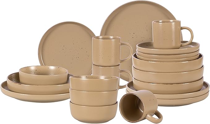 HomeVss, Nordic Shape Rising Rim Stoneware 20pc Dinnerware Set, Matte Beige with Speckle Finished Effect